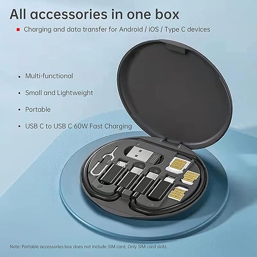 All-in-One Travel Data Cable & SIM Kit – Type-C, Lightning, Micro USB, OTG, SIM Ejector & Storage