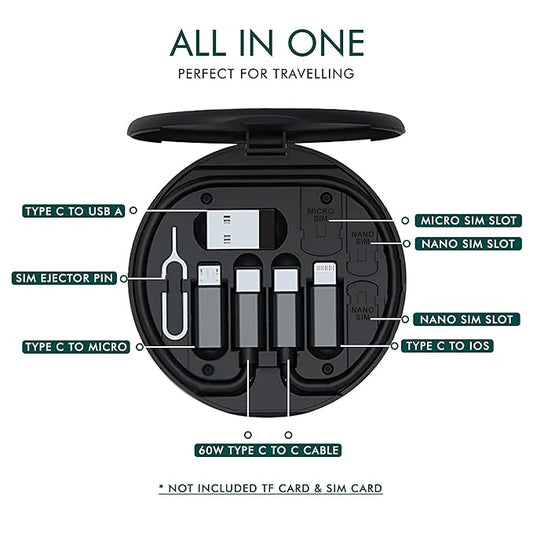 All-in-One Travel Data Cable & SIM Kit – Type-C, Lightning, Micro USB, OTG, SIM Ejector & Storage